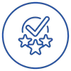 Blue neon icon featuring a contractor's check mark and three stars within a circle, symbolizing quality bathroom remodel services.