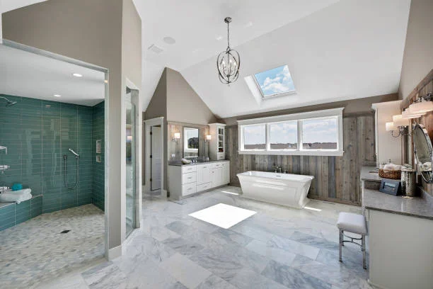 Spacious modern bathroom remodel with a freestanding tub, glass shower, and double vanity.